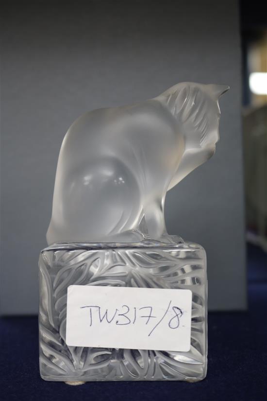 A Lalique frosted glass seated cat on plinth base (boxed with certificate)